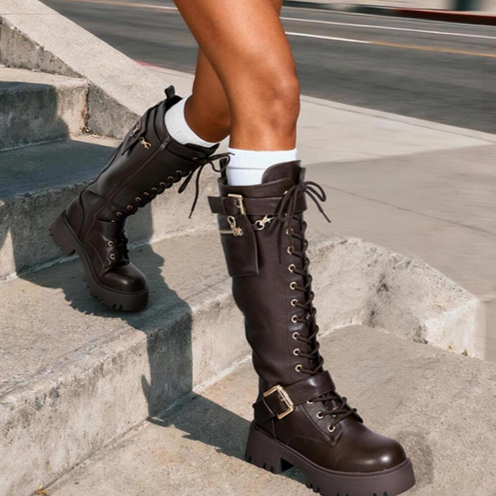Dream Pairs Black Lace-Up Combat Moto Boots with Side Pocket